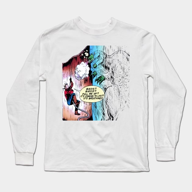 Frozen Hungry Dinosaur Mountaineer Adventurer Tyrannosaurus Rex Funny Retro Comic Vintage Cartoon Book Cover Long Sleeve T-Shirt by REVISTANGO